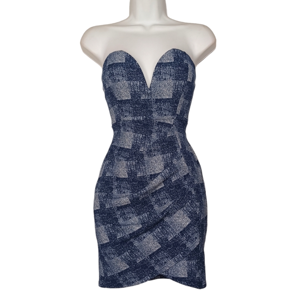 TRAC Blue Plaid Print Strapless Ruching Mini Bodycon Dress Small NWT